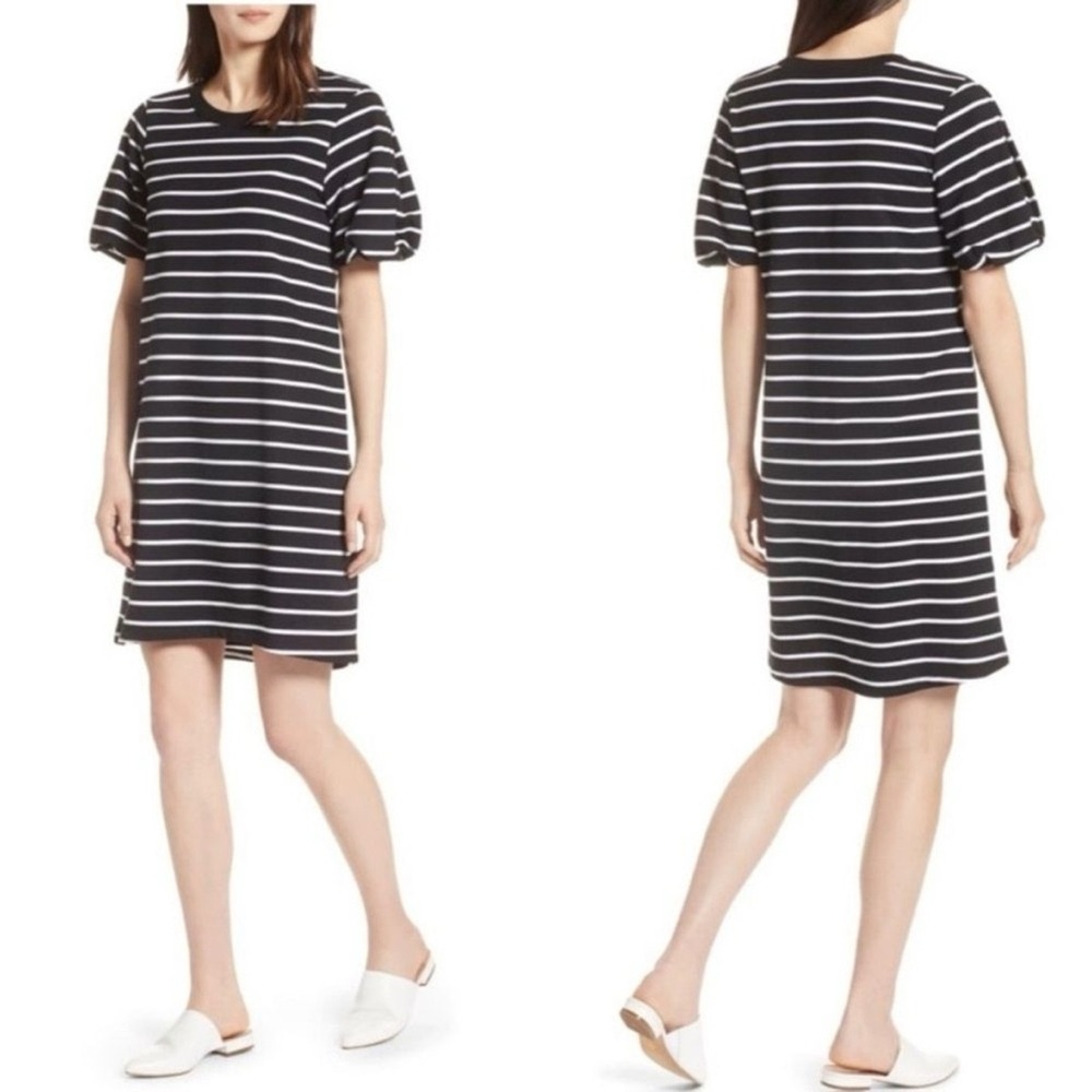 Nordstrom Halogen Puff Sleeve Black and White Striped T-Shirt Dress - Medium